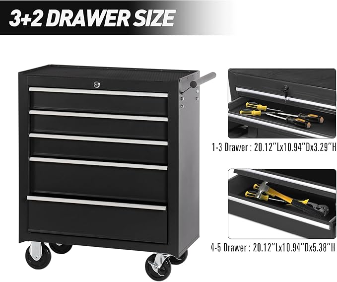 5-Drawer Rolling Tool Chest w/Drawers & Lock, Tool Storage Cabinet with Lockable Wheels, Top Cushion & Drawer Liners, Tool Organizer Box for Garage, Warehouse & Repair Sho