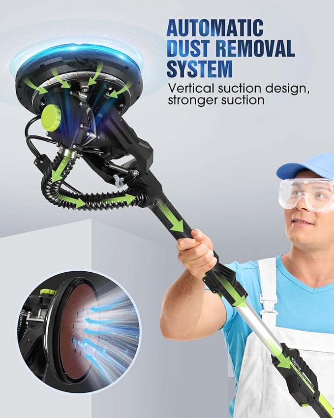 Drywall Sander, 7.2A Electric Drywall Sander with Vacuum Dust Collection, LED Light, 6 Variable Speed Digital Display 900-1800RPM, Foldable & Extendable Handle