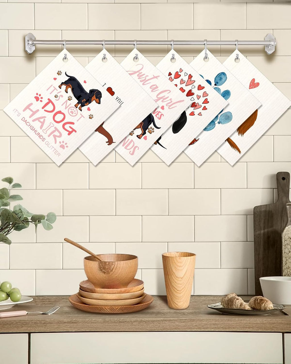 6 Pack Swedish Dishcloths for Kitchen - Reusable Dish Cloths for Washing Dishes Absorbent Cute Funny Kitchen Towels Cleaning Sponge, Love Dachshund