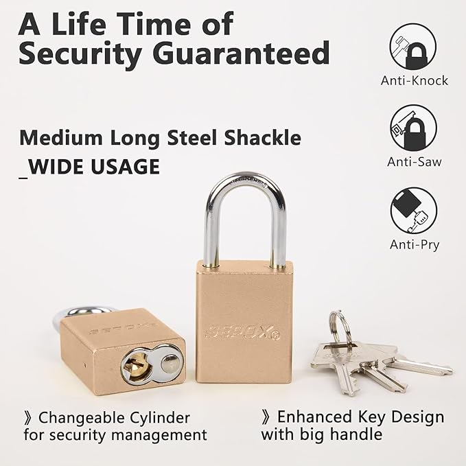 SEPOX® 12 Pcs Ultra-Durable Anti-Rust Outdoor Padlocks - Gold Aluminum, 38mm (1-1/2") with Long Shackle & 24 Same Keys, Ideal for Gate, Storage, Locker, Fence & Lock-Out, High Security