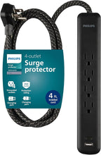 Philips 4-Outlet Surge Protector, 4ft Braided Cord, 1-USB-C, 1-USB-A, Extension Cord, Power Strip, for Home, School, or Office, 15W, 450J, Black, SPP3393B/37