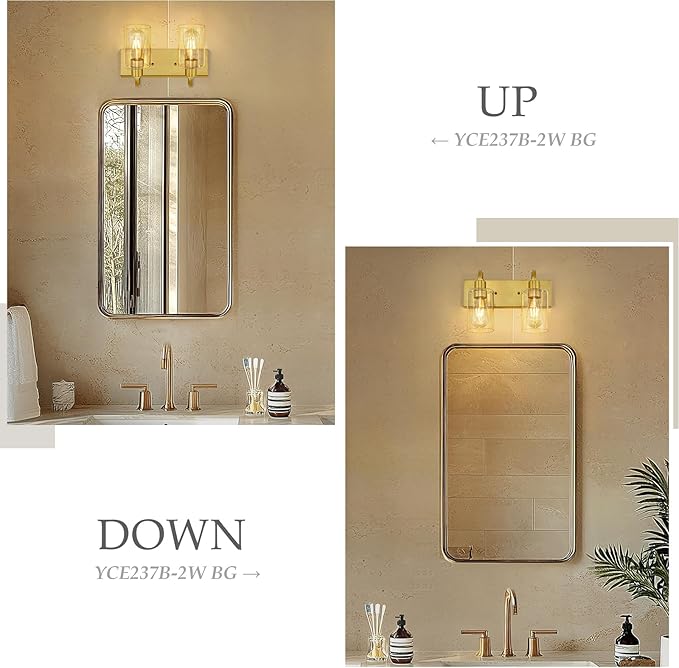Emliviar 2-Light Brushed Gold Vanity Light, Modern Farmhouse Bathroom Light Fixture, Indoor Wall Sconce Lighting for Bedroom Entryway, YCE237B-2W BG