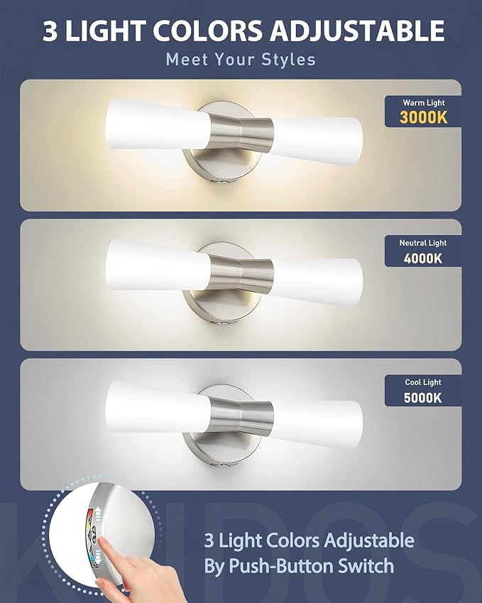 kudos Wall Sconces 16inches Brushed Nickel Vanity Light Fixtures, Modern Sconces Wall Lighting with Milk White Glass, Dimmerable 3000K/4000K/5000K for Bathroom Bedroom, KDVL13-BN