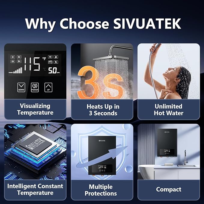 Electric Tankless Water Heater SIVUATEK 24kW, 240V - On-Demand Hot Water for Whole House - ETL Certified, Self Modulating - Compact Design for Easy Installation - for 4 Point of Use Hot Water