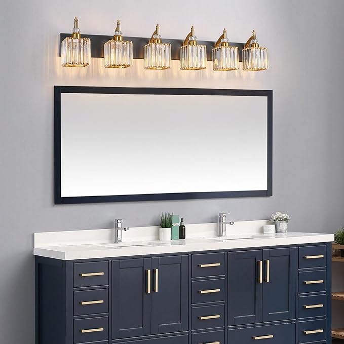 Modern Black Gold 6 Light Bathroom Vanity Light Crystal Bathroom Light Fixtures Over Mirror