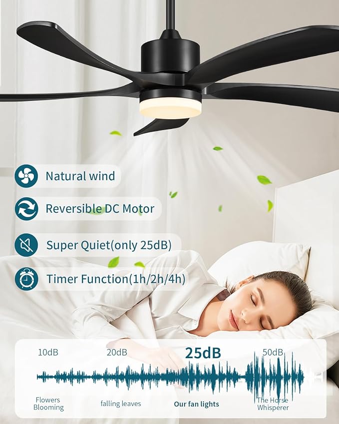 60 Inch Ceiling Fans with Lights Remote, Black Ceiling Fan Light Outdoor Indoor, USA Original Patent, ETL Listed, Timer, 5 Solid Wood Blades, 6 Speed Noiseless DC Motor Fans for Patios, 60in Black