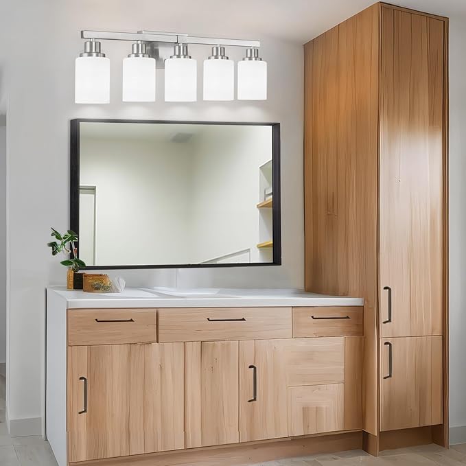 5-Light Bathroom Light Fixtures, 30" Nickel Bathroom Vanity Light with Milky White Glass Shade, Modern Bathroom Wall Lights Over Mirror, Farmhouse Wall Sconces Lighting for Bedroom Living Room