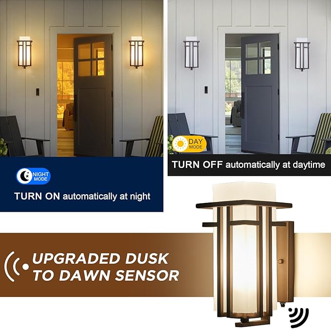 Oil Rubbed Bronze Porch Light Dusk to Dawn Outdoor Sconce Matte Brown Wall Lantern with Frosted Glass Outside House Lighting Waterproof Exterior Light Fixture for Patio Yards Garage Front Door