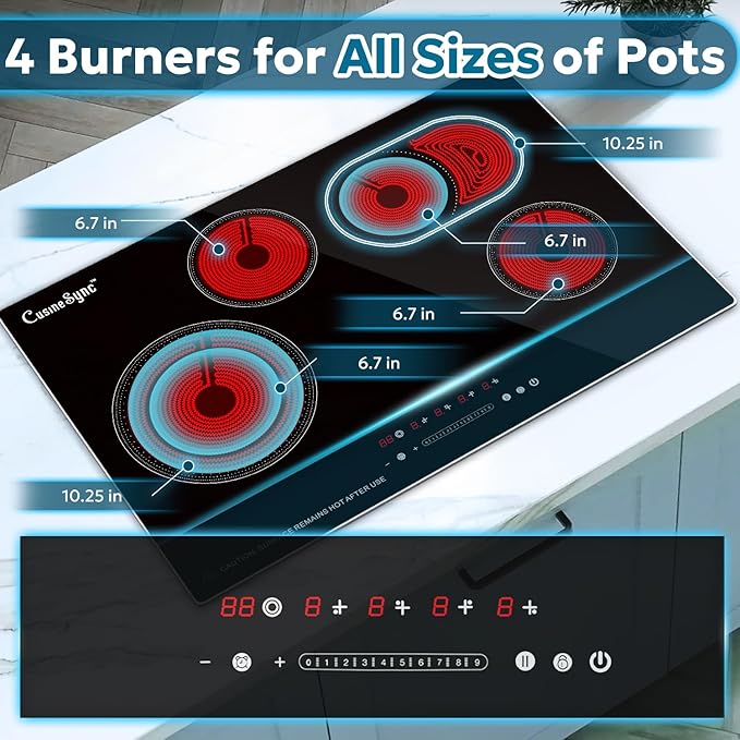 30 Inch Electric Cooktop 4 Burner 7400W Ceramic Stove, Built-in Electric Stove Top with Full Metal Frame Protection, Timer, Safety Lock, Pause, Dual Ring, 220V Hard Wired