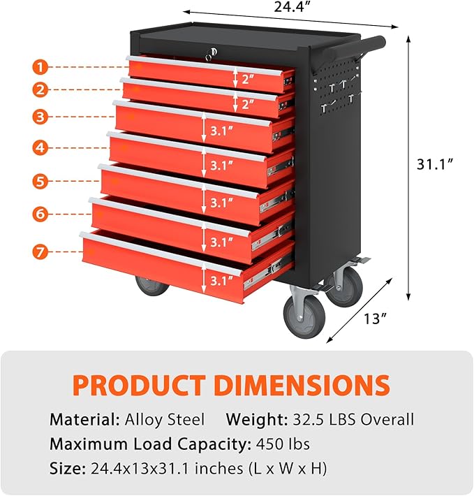 7-Drawer Rolling Tool Chest, Tool Box with 4 Wheels and Drawers, High Capacity Detachable Mobile Tool Storage Cabinet for Garage, Workshop, Mechanics and Repair Room (Black&Red)