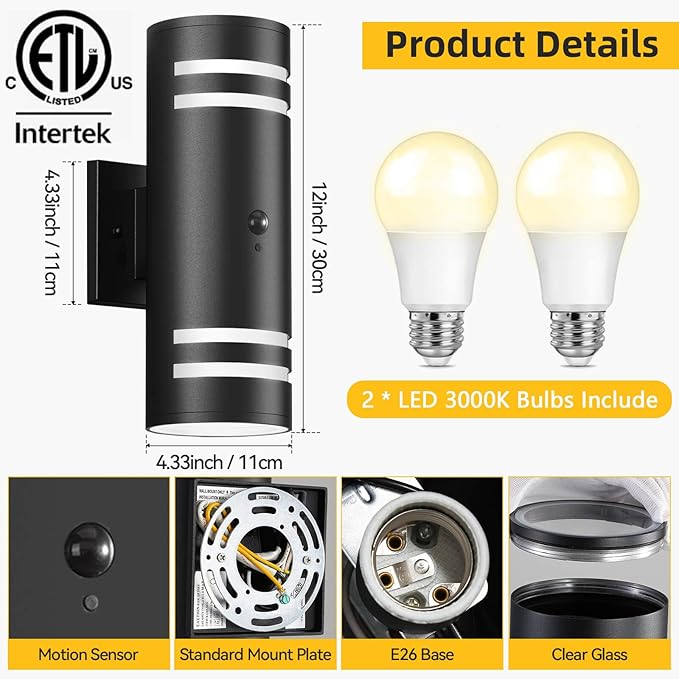 SHlMR Motion Sensor Outdoor Lights, Modern Dusk to Dawn Outdoor Lighting Wall Mount with Bulbs, Black Exterior Sconce Aluminum Up and Down Waterproof Motion Detector Lights for Outside, ETL Listed