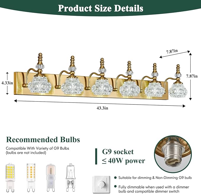 Modern Glass Crystal Vanity Light - Vintage Bathroom Lighting Fixtures Over Mirror 6 Light Vanity Lights G9 Bulb (43.3 Inch, Gold)
