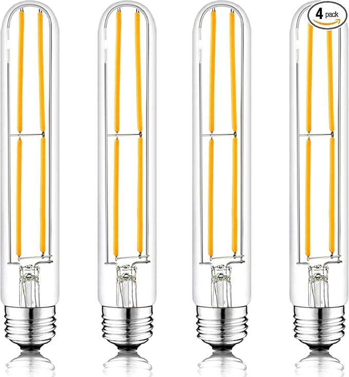 T10 7.3 Inch LED Bulb 6W (60W Equivalent) 2700K Warm White Edison Light Bulb 600lm Dimmable Long Tubular E26 LED Bulb for Rustic Pendant, Industrial Pipe, Wall Sconces, Chandeliers (4-Pack)