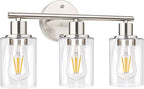 3-Light Bathroom Light Fixtures, Brushed Nickel Vanity Light, Farmhouse Wall Lights with Clear Glass Shade, Bathroom Wall Lamp for Mirror Kitchen Bedroom Hallway Living Room Hallway Cabinet