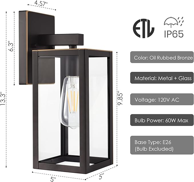 GRUENLICH Waterproof Large Outdoor Wall Lanterns, Modern Porch Sconces with Clear Glass Shade, E26 Socket Max 60W, IP65, Metal Frame, for Patio, Front Door, Entryway, Oil Rubbed Bronze Finish, 2-Pack