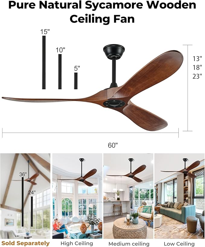60 inch Ceiling Fan Without Light, Ceiling Fan No Light with Remote Control and Quiet DC Motor, Outdoor Fans for Patios,Solid Wood 3 Blades,ETL Listed - Dark Walnut