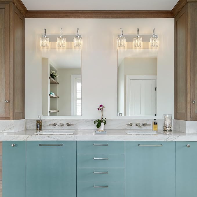 Crystal Vanity Lights 3-Light Chrome Bathroom Vanity Lights Modern Crystal Bathroom Light Fixtures Over Mirror 23.62" Long Vanity Light for Bathroom