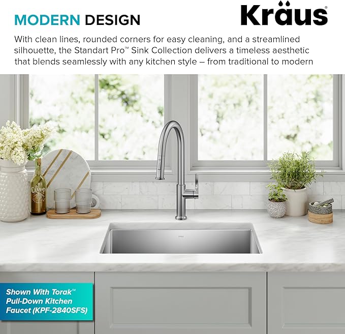 KRAUS Standart PRO 28-inch 16 Gauge Undermount Single Bowl Stainless Steel Kitchen Sink, KHU100-28