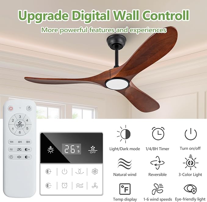 52 Inch Solid Wood Ceiling Fans with Lights 3CCT Dimmable Outdoor Ceiling Fan with Light and Remote Modern 3 Blades Propeller Ceiling Fans DC Motor for Patios Indoor Bedroom, Dark Walnut