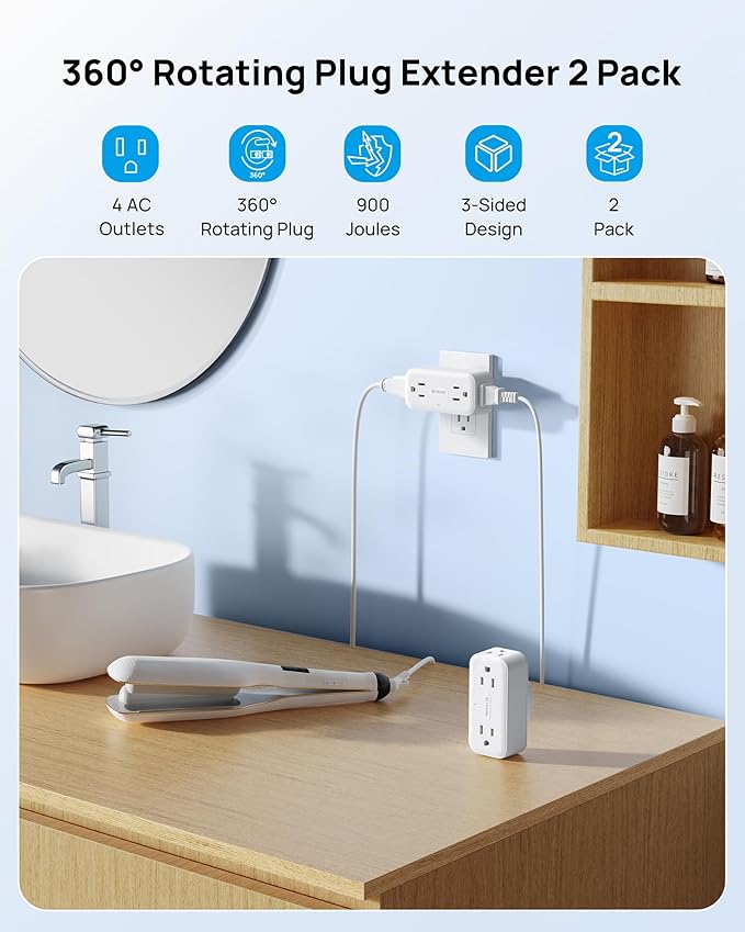 TROND 360 Rotating Outlet Extender 2 Pack, 4 AC Plug Adapter, 900 Joules Surge Protection, 3 Way Charging Station, Multi Plug Wall Outlet for Home Office Travel Dorm Essentials, White