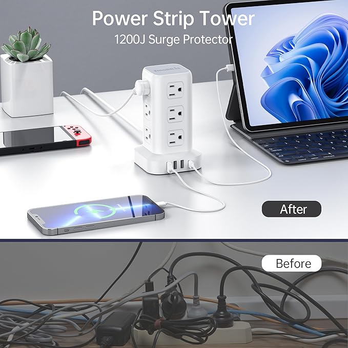 16.5FT Long Extension Cord,Power Strip Tower Surge Protector Power Strip with USB 12 Outlets with 4 USB Ports (1 USB C), Flat Plug Multi Plug Outlet Extender Overload Protection for Home Office
