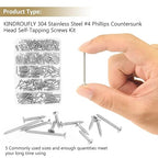 202 Pieces #4 x 1/2" 5/8" 3/4" 1" 1-1/4" Phillips Countersunk Head Self-Tapping Screws, Wood Screws Assortment Kit, 304 Stainless Steel
