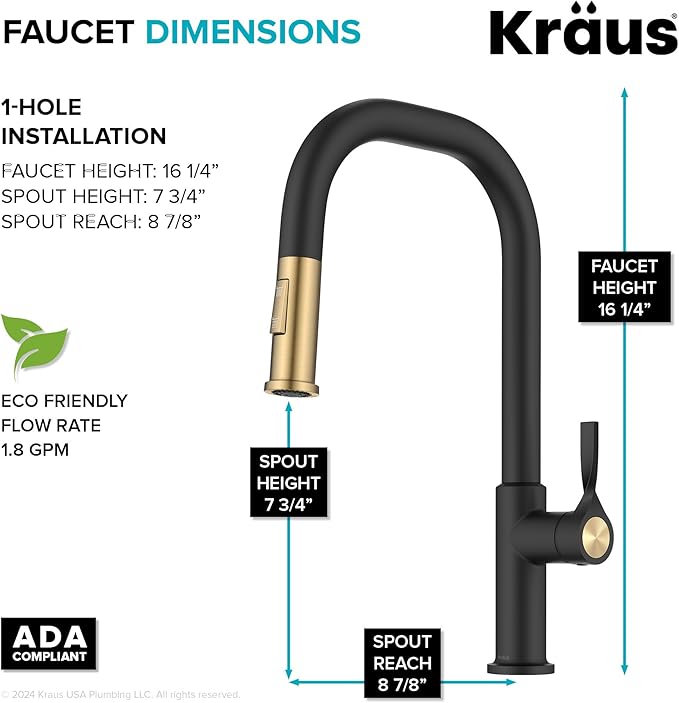 KRAUS Torak Pull Down Kitchen Faucet in Spot-Free Brushed Brass/Matte Black with 2 Function Sprayer, Pre-Attached Water Lines, and Mounting Hardware, KPF-2841SFBBMB