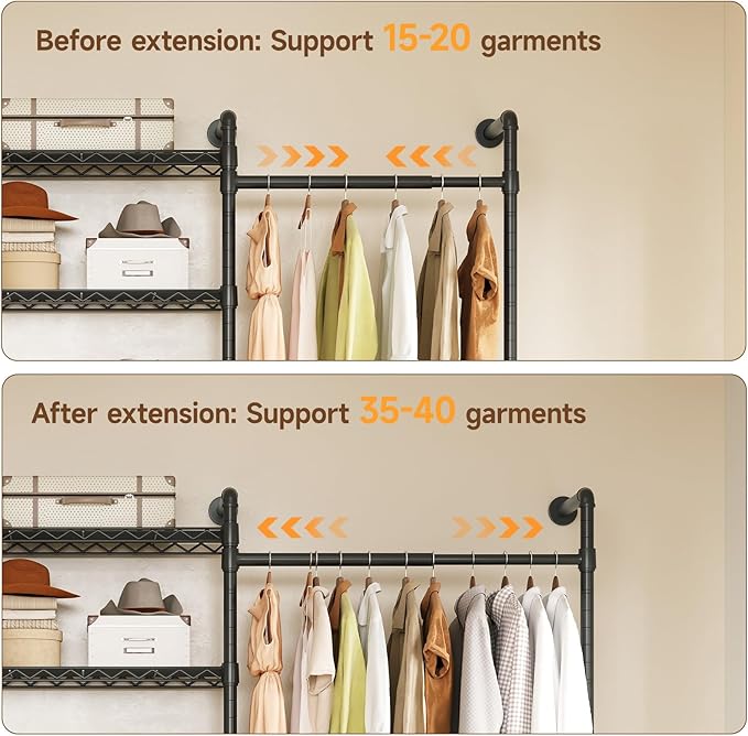 H6 Wall Mounted Closet System, Industrial Pipe Clothes Rack Clothing Racks with 6 Telescopic Rods & 3 Fixing Rods & 9 Shelves, Heavy Duty Closet Organizers and Storage in Wardrobe Closet (Black)