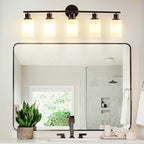DLLT 5-Light Bathroom Light Fixtures: Black Modern Vanity Lights with E26 Bulbs - Milky White Glass Shade Bathroom Wall Lamp for Mirror Kitchen Living Room Hallway Cabinet Porch
