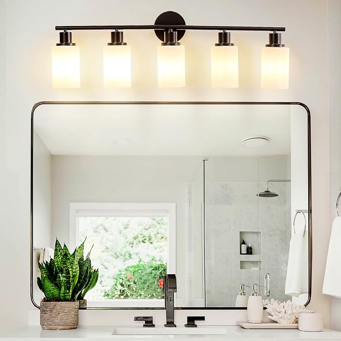 DLLT 5-Light Bathroom Light Fixtures: Black Modern Vanity Lights with E26 Bulbs - Milky White Glass Shade Bathroom Wall Lamp for Mirror Kitchen Living Room Hallway Cabinet Porch