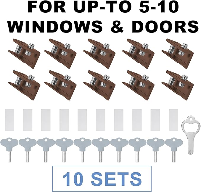 Window Locks for Sliding Windows - Sliding Window Lock Security with Keys - Adjustable Sliding Door Lock - Without Drilling Easv to Install Child Locks for Sliding Door,Patio Door(10 Sets Brown)
