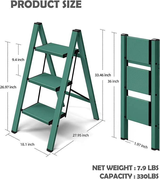 Taranta 3 Step Ladder,Aluminum Lightweight Folding 3 Step Stool with Anti-Slip Wide Pedal,330lbs Capacity Step Ladder for Household,Kitchen,Office - Green