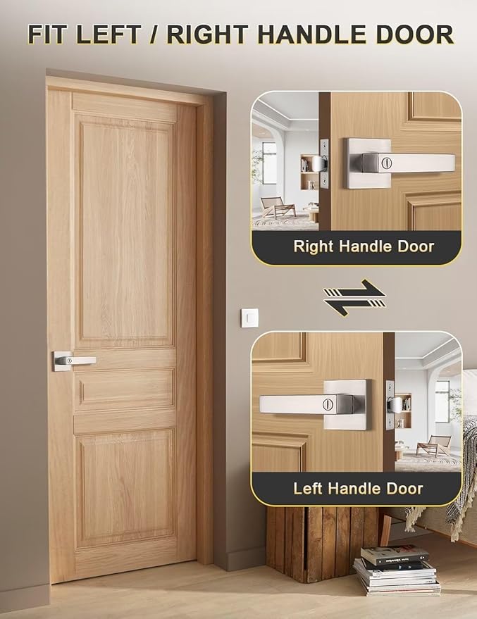 Privacy Square Brushed Nickel Door Handles Interior, Keyless Door Knobs for Bedroom/Bathroom, Reversible for Left Right Handed Doors, 1 Pack