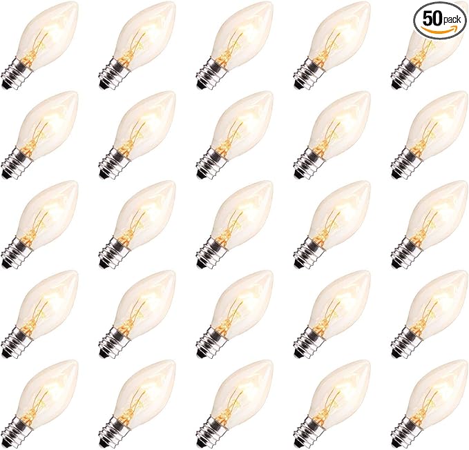 Brightown 50-Pack C7 Christmas Replacement Bulbs, C7 Clear Incandescent Bulbs for Christmas Light Strings, E12 Candelabra Base, 5 Watt, Clear