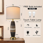 Terpsichore 3 Way Dimmable Farmhouse Table Lamps Bedroom Touch Bedside Lamp Modern Glazed Ceramic Lamp 2 Set with Fabric Shade,USB Type-C Port for Bedroom,Reading,Desk,Living Room,Office