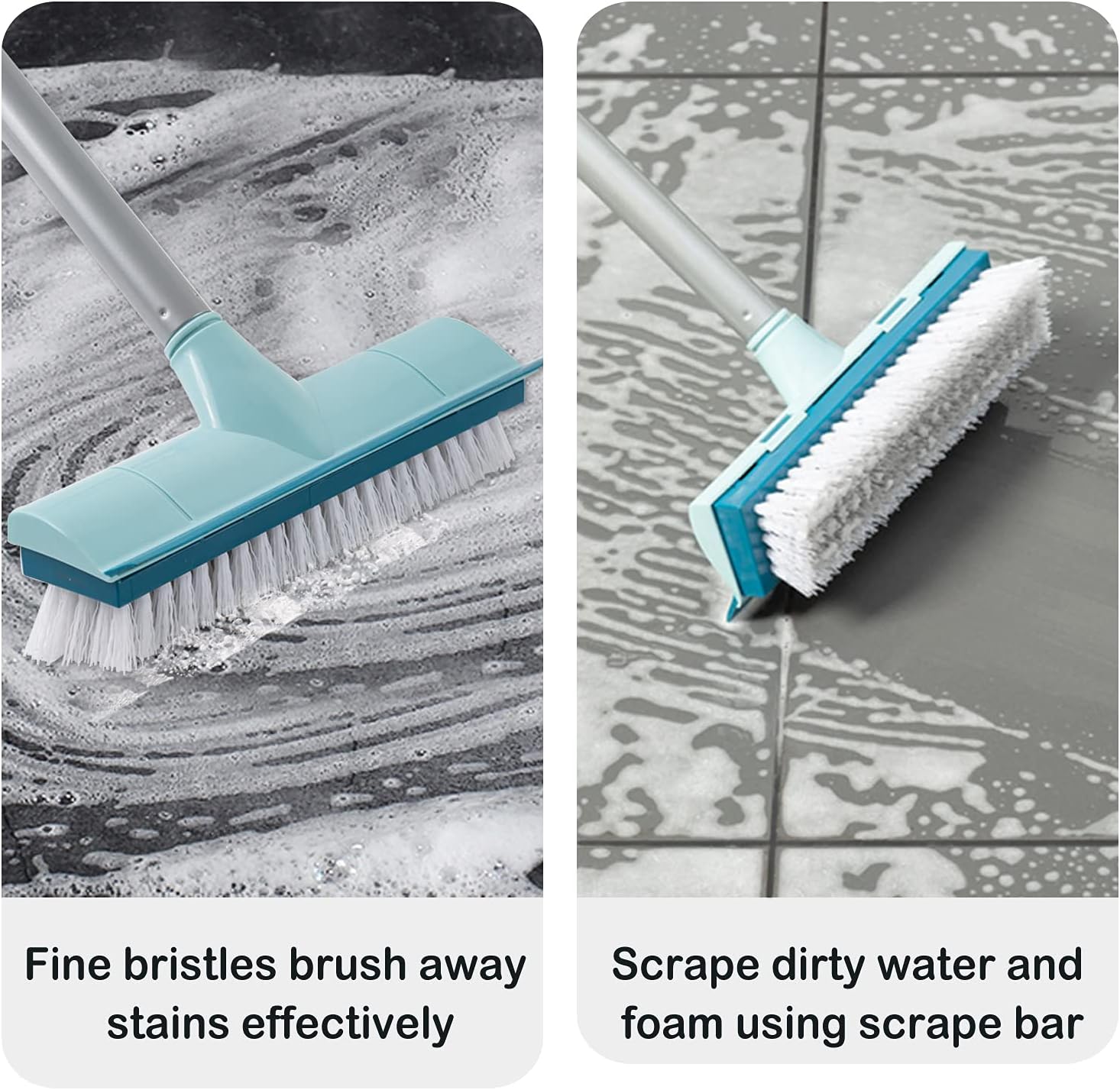 BOOMJOY Floor Scrub Brush with Long Handle, 2 in 1 Scrape and Brush, Stiff Bristles for Cleaning Bathroom, Patio, Garage, Kitchen, Deck, Tile, Blue
