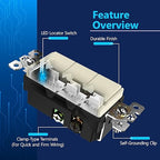 LIDER Minimalist Design Matte Finish Lighted Triple Switch with Screwless Wall Plate, Combination Decorator Switch with Locator Light, Ground Terminal, Single Pole, 15A 120V, UL Listed, Light Almond