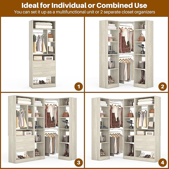 Corner Closet System with 2 Sets, 63.2" Corner Closet Organizer System with 2 Drawers + 18 Shelves + 3 Hanging Rods, Reversible L Shaped Walk-in Closets, White Oak (63.2" L x 39.2" W x 80" H)