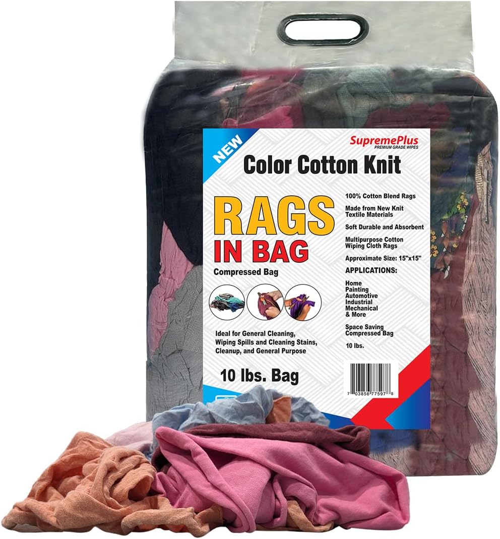 Premium Color Knit Cleaning Rags (10 lbs. Bag) – Shop Rags Bulk for Workshops, Mechanics, Painters, and Home Use, Multipurpose Cotton T-Shirt Rags