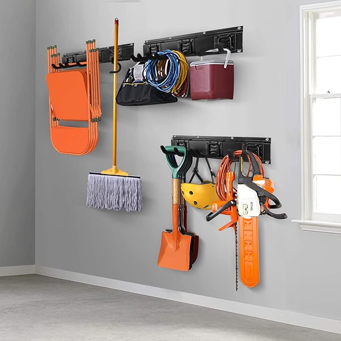 Tool Rack Kits, Garage Wall Organization Hanger with 1 Mop Hook and two 8-inch Multi-Purpose Hooks, Garden Yard Shovels Rakes for String Hedge Trimmer Brooms Hoses Folding Chairs ladders, and More
