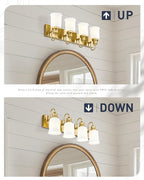 Bathroom Light Fixtures 4-Lights, HWH Brushed Gold Vanity Light Modern Bathroom Vanity Lights Over Mirror, 26'' Antique Brass Vanity Light with Frosted White Bell-Shaped Fluted Glass, 5HZG106B-4W BG