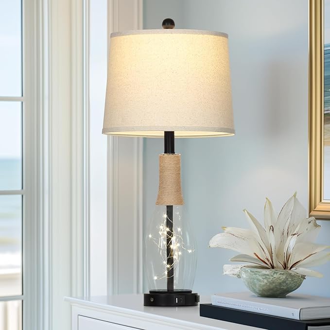 28" Tall Coastal Table Lamps Set of 2, Glass Black Modern Table Lamps with 3-Way Dimmable Touch Control Fairy Lights & Type-C Charging, Beach Nautical Bedside Lamps for Living Room Bedrooms End Table