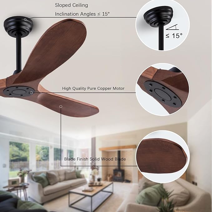 52" Wood Ceiling Fan No Lights with Remote Control,Wooden 3 Blades Ceiling Fans Without Light for Patio,Garage,Living Room,Bedroom,Office,Indoor/Outdoor(Black+Dark Walnut)