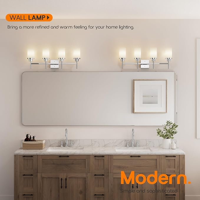 4-Light Vanity Lighting Fixtures with White Frosted Glass Shade, Polished Chrome Bathroom Wall Lamps Over Mirror for Bath Restroom Kitchen T001CH-L4