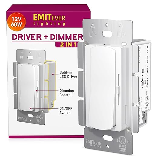 Dimmer Light Switch & 12V 60W Dimmable LED Driver 2 in 1, UL Listed Single-Pole or 3-Way Slide Dimmer Switches for Led Strip Lights,120VAC to 12VDC Power Supply for Low Voltage Project, Glossy White