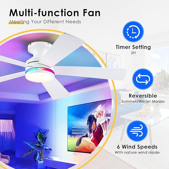 46" Flush Mount RGB Ceiling Fans with Lights - White Low Profile Ceiling Fan Light with Remote/APP, RGB+3CCT 6 Wind Speeds and Reversible, Modern Fan Light Fixture for Party, Kiad's Room