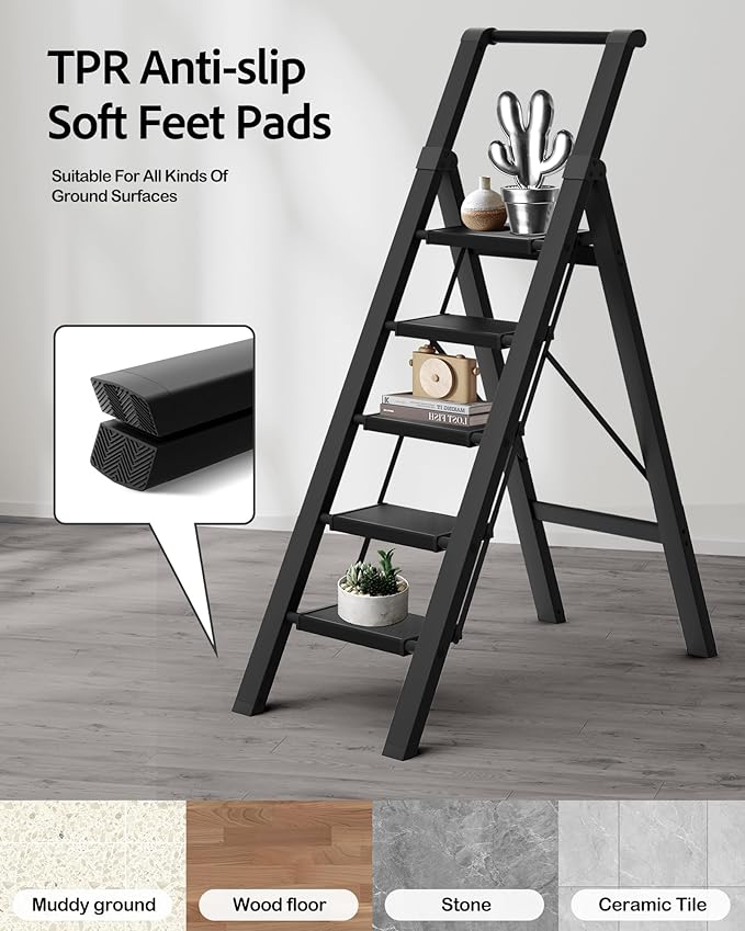 5 Step Ladder, Lightweight Folding Step Stool with Convenient Handgrip,Aluminum 330lbs Capacity Step Ladder for Office,Household,Kitchen(Black)