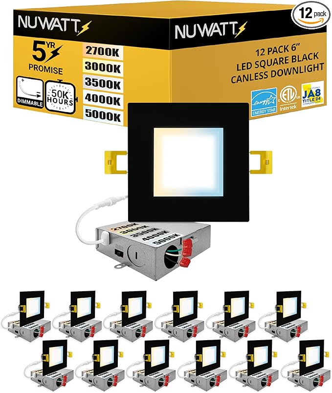 NUWATT 12 Pack 6 Inch Square Ultra-Thin LED Recessed Lighting, Selectable 2700K/3000K/3500K/4000K/5000K, High Brightness 1050 Lumens, Dimmable Black Slim Wafer Light, IC Rated, Metal Junction Box
