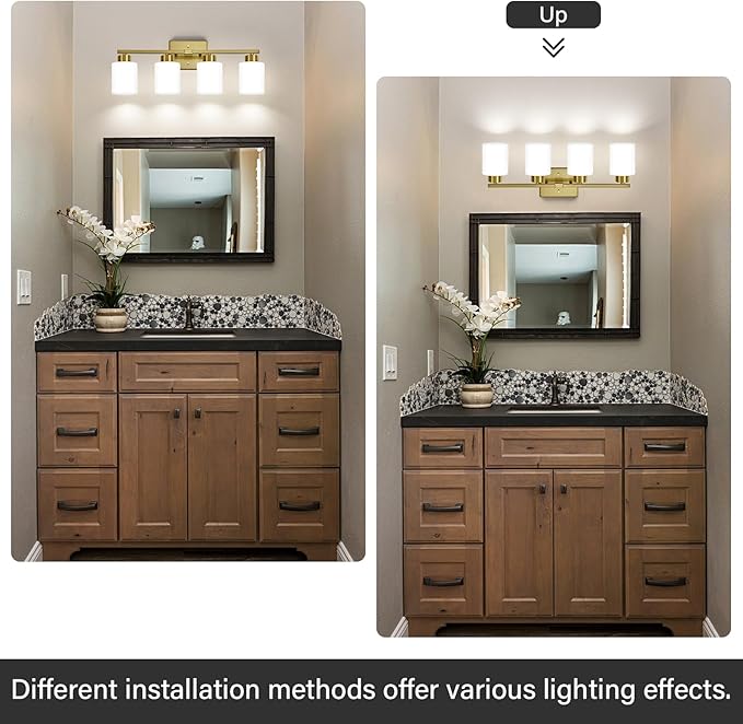 Brushed Gold Bathroom Light Fixtures, 4-Light Modern Vanity Light Over Mirror, Wall Sconces with Milky White Frosted Glass Shades, E26 Socket (Bulbs Not Included)