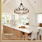 31.5'' 12 Lights Wooden Wagon Wheel Chandelier Natural Farmhouse Wood Round Chandelier Black Rustic Light Fixture for Living Dining Room Entryway Foyer Kitchen